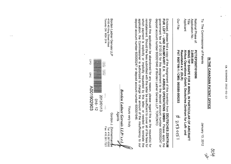 Canadian Patent Document 2669604. Assignment 20120113. Image 1 of 2