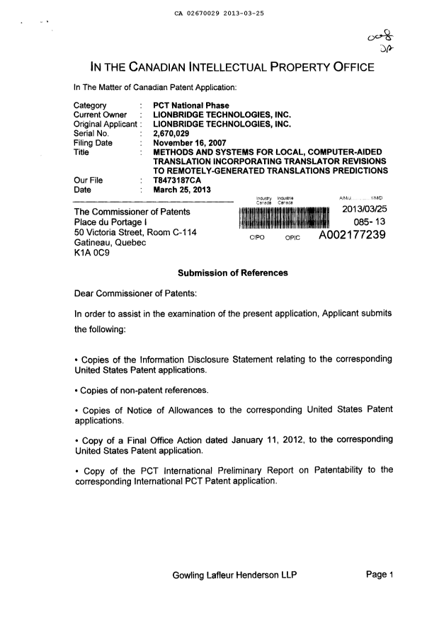 Canadian Patent Document 2670029. Prosecution-Amendment 20130325. Image 1 of 2