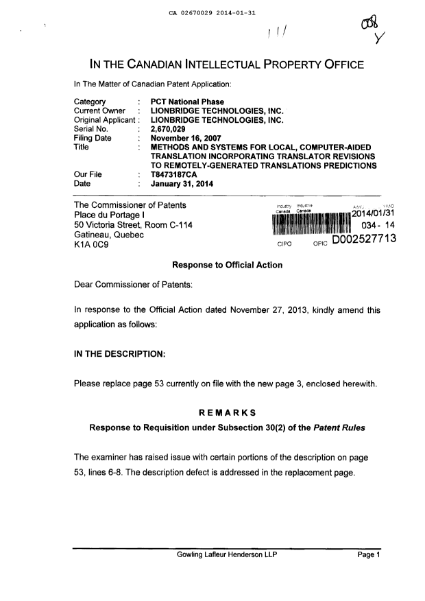 Canadian Patent Document 2670029. Prosecution-Amendment 20140131. Image 1 of 3