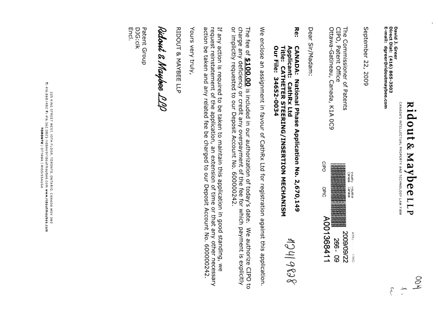 Canadian Patent Document 2670149. Assignment 20090922. Image 1 of 2