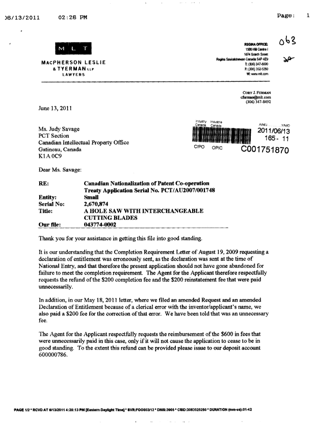 Document de brevet canadien 2670874. Correspondance 20110613. Image 1 de 2