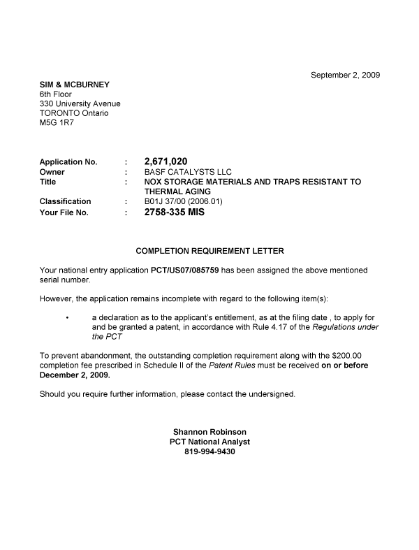 Canadian Patent Document 2671020. Correspondence 20090902. Image 1 of 1