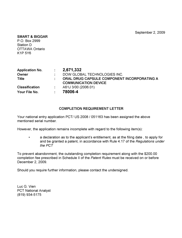 Canadian Patent Document 2671332. Correspondence 20090902. Image 1 of 1