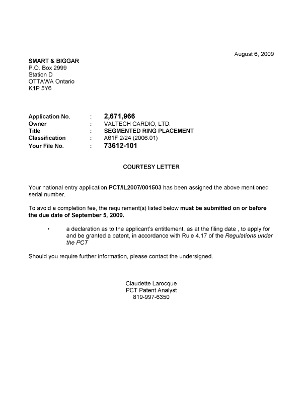 Canadian Patent Document 2671966. Correspondence 20090806. Image 1 of 1