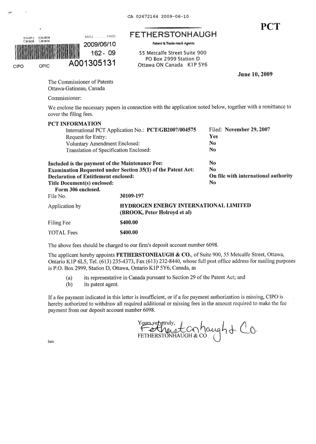 Canadian Patent Document 2672164. Assignment 20090610. Image 1 of 3