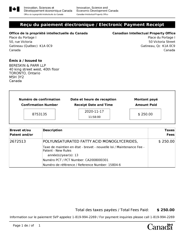 Canadian Patent Document 2672513. Maintenance Fee Payment 20201117. Image 1 of 1