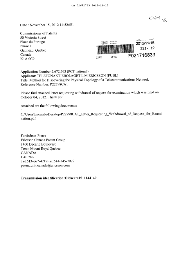 Document de brevet canadien 2672763. Poursuite-Amendment 20121115. Image 1 de 2