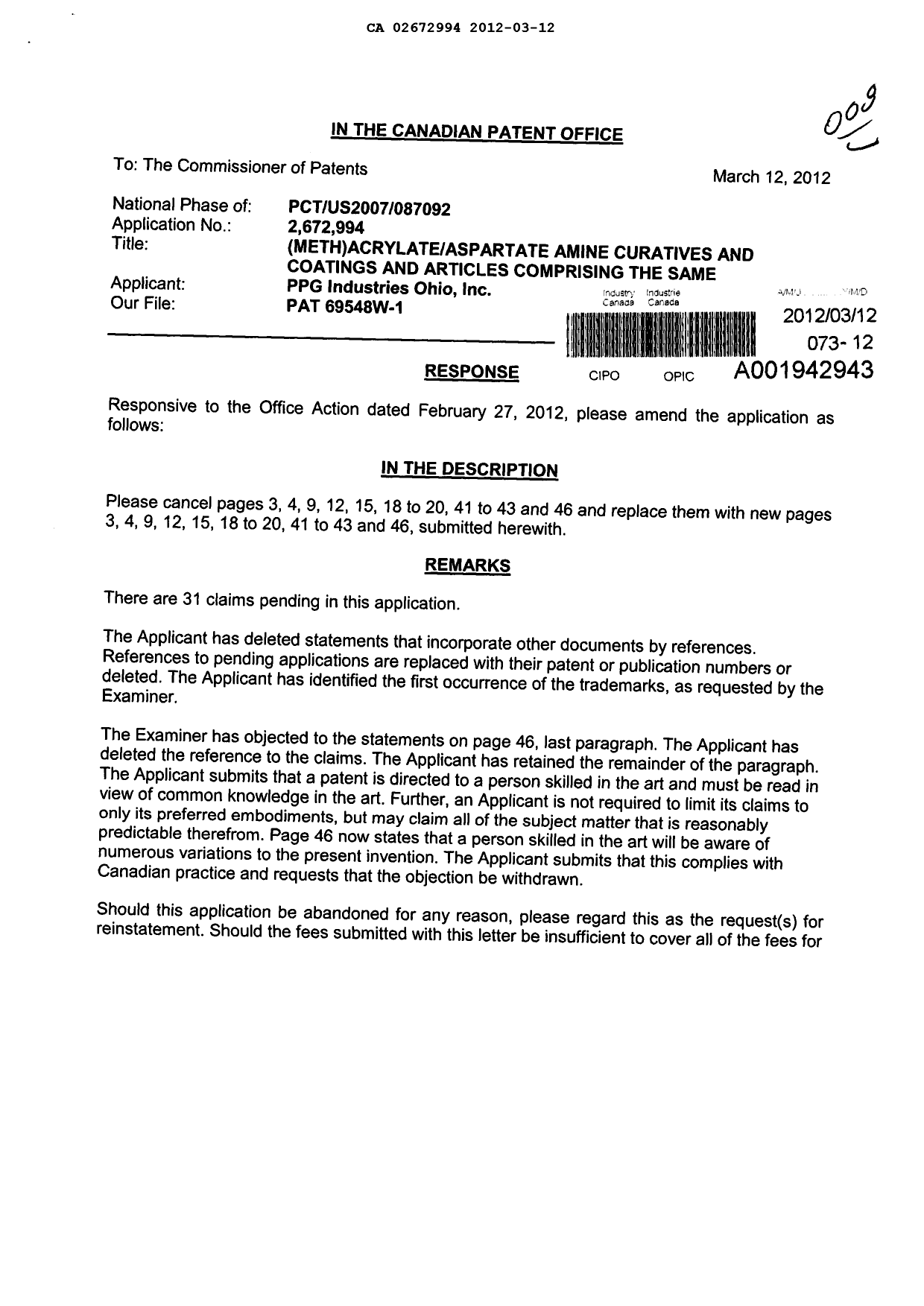 Document de brevet canadien 2672994. Poursuite-Amendment 20120312. Image 1 de 14