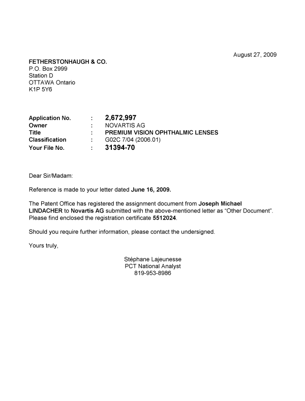 Document de brevet canadien 2672997. Correspondance 20090827. Image 1 de 1
