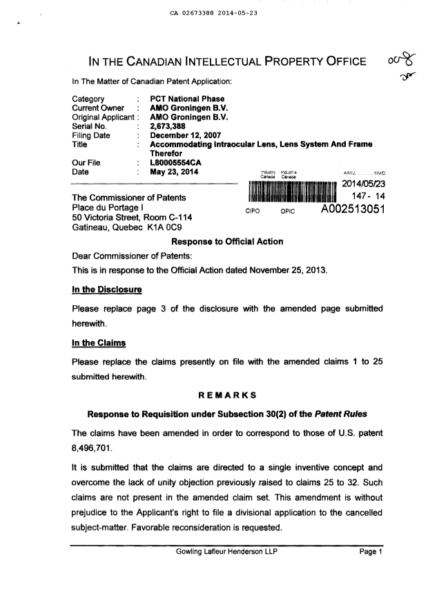 Canadian Patent Document 2673388. Prosecution-Amendment 20140523. Image 1 of 7