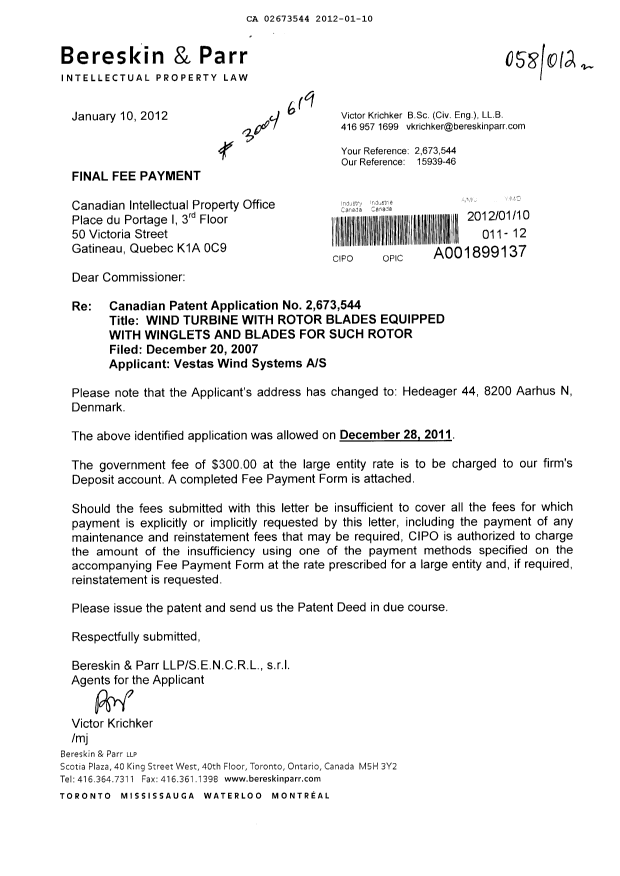 Document de brevet canadien 2673544. Correspondance 20120110. Image 1 de 1