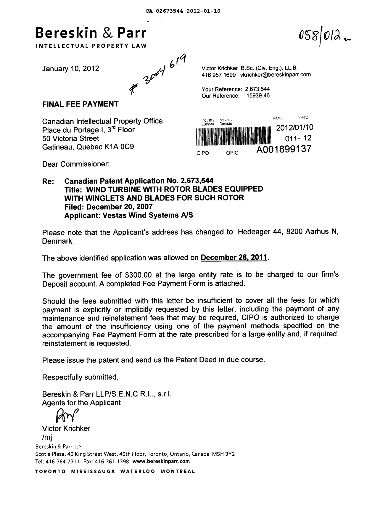 Canadian Patent Document 2673544. Correspondence 20120110. Image 1 of 1