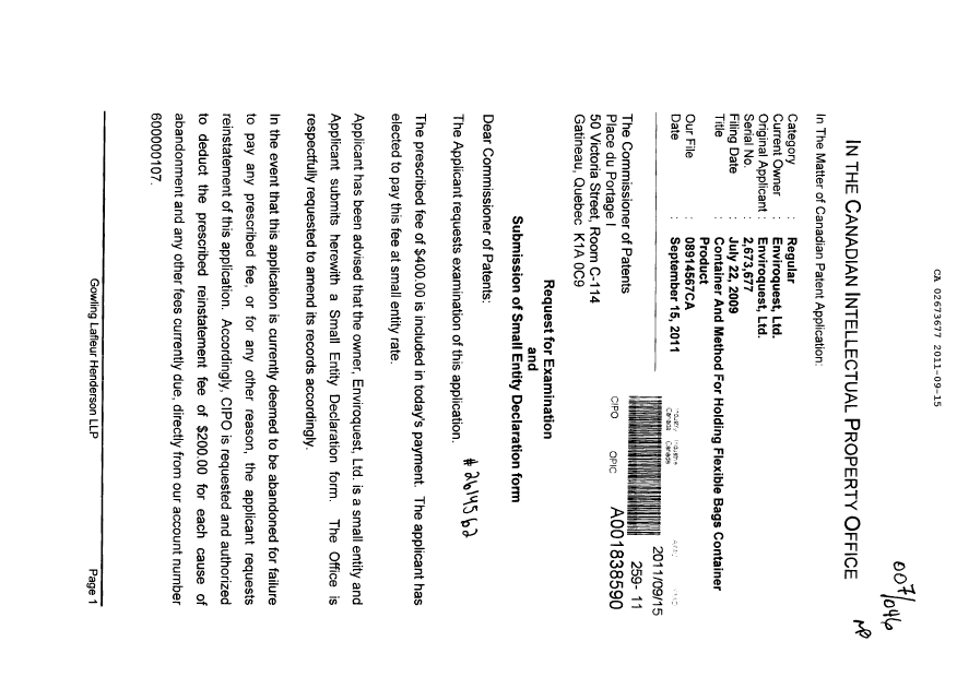 Document de brevet canadien 2673677. Poursuite-Amendment 20110915. Image 1 de 2