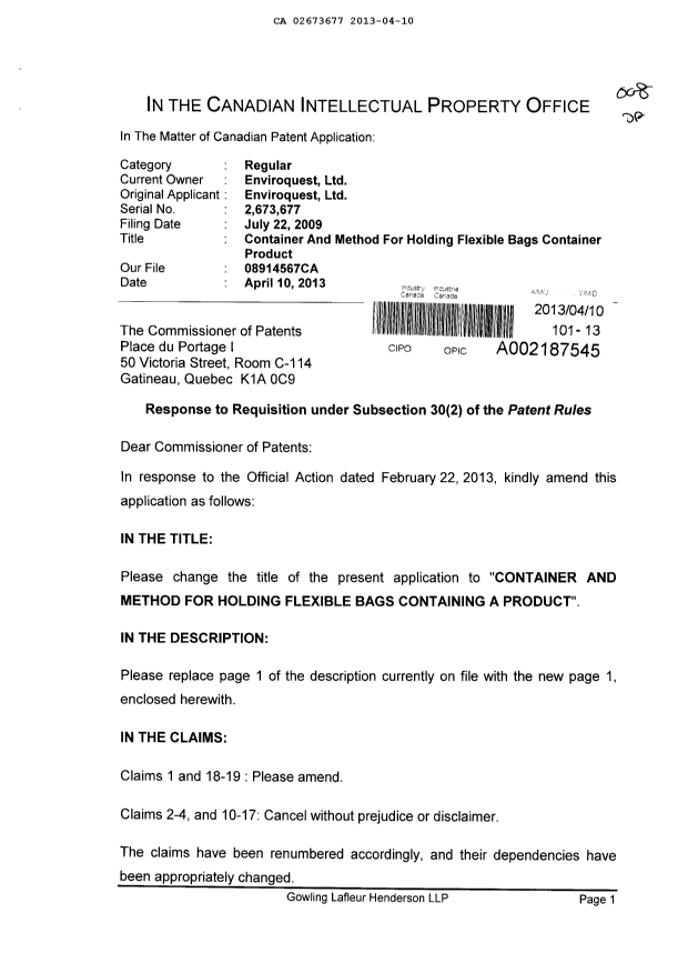 Canadian Patent Document 2673677. Prosecution-Amendment 20121210. Image 1 of 9