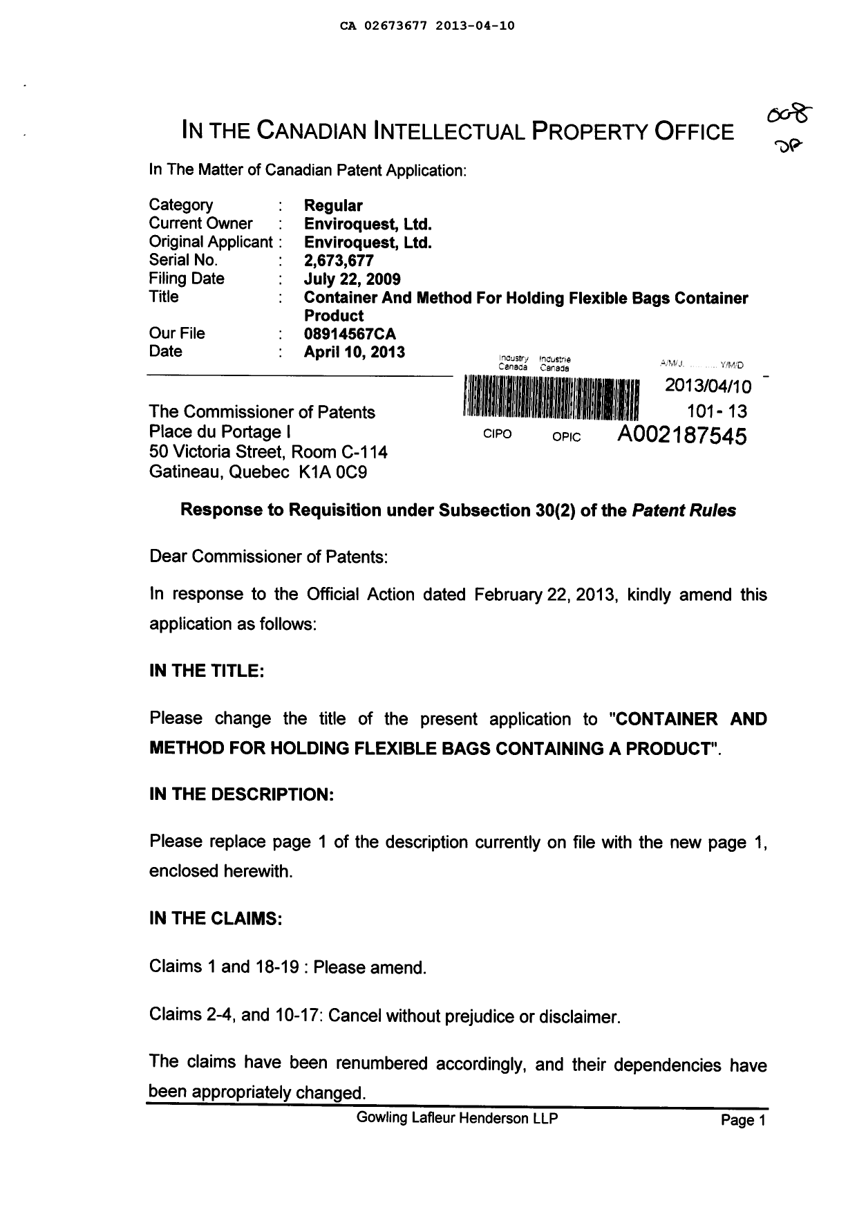 Document de brevet canadien 2673677. Poursuite-Amendment 20121210. Image 1 de 9
