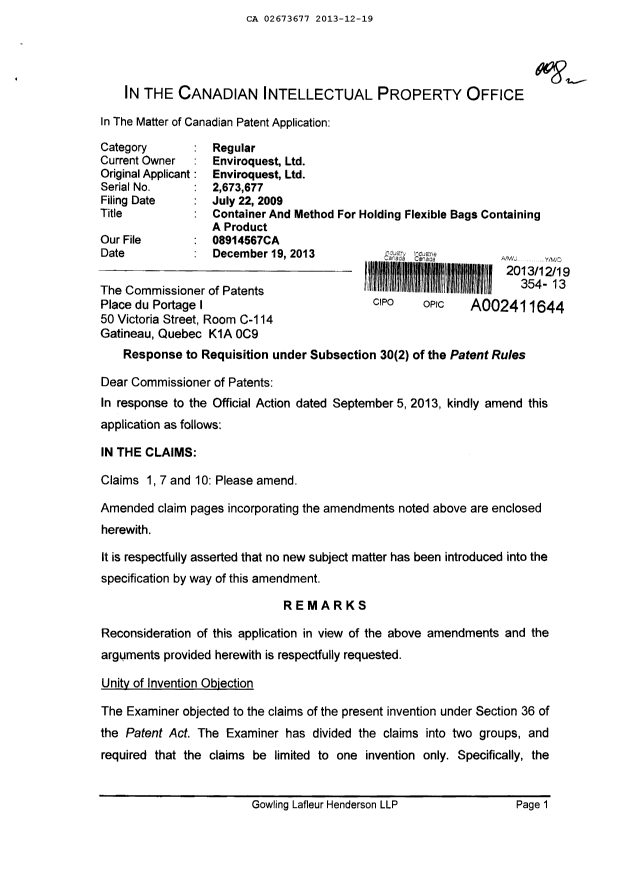 Canadian Patent Document 2673677. Prosecution-Amendment 20121219. Image 1 of 7