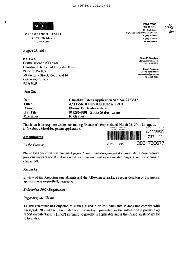 Canadian Patent Document 2673832. Prosecution-Amendment 20110825. Image 1 of 5