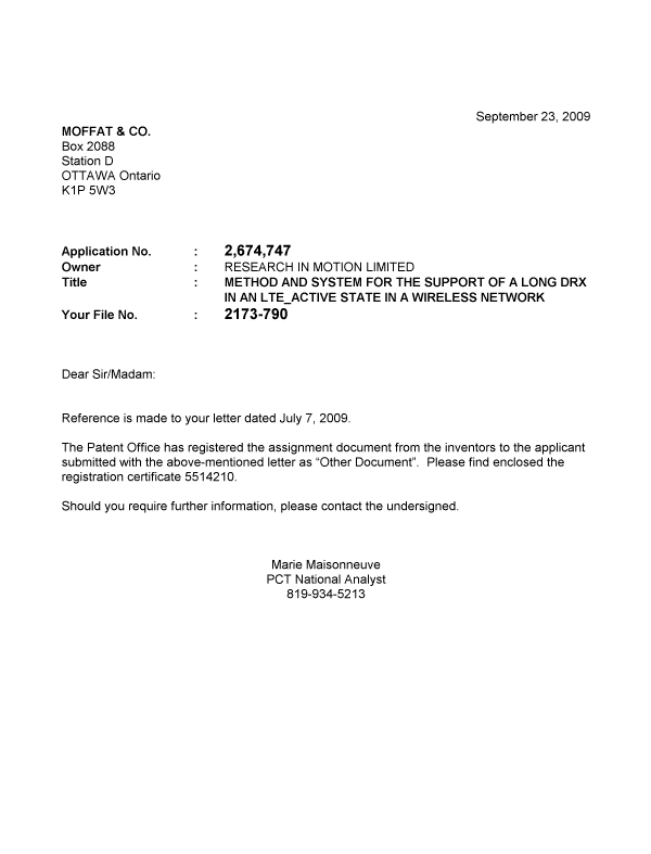 Document de brevet canadien 2674747. Correspondance 20090923. Image 1 de 1