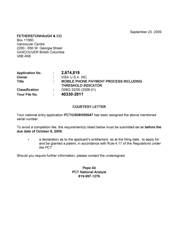 Canadian Patent Document 2674819. Correspondence 20090923. Image 1 of 1