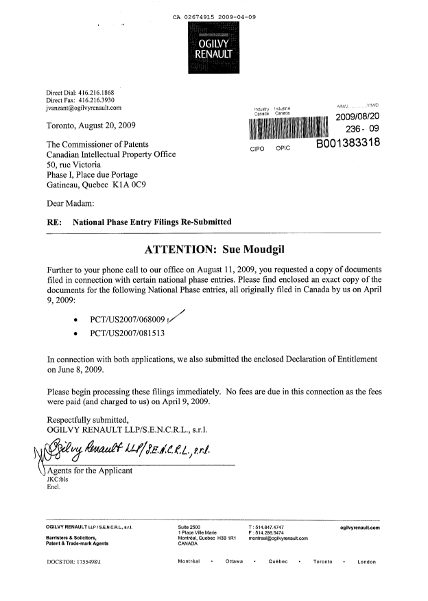 Canadian Patent Document 2674915. Correspondence 20081209. Image 1 of 1