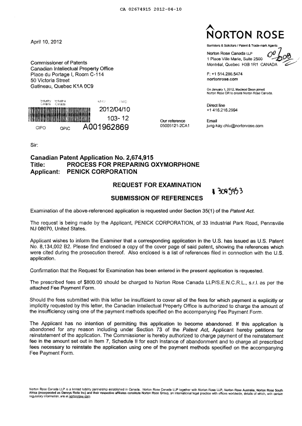 Canadian Patent Document 2674915. Prosecution-Amendment 20111210. Image 1 of 2
