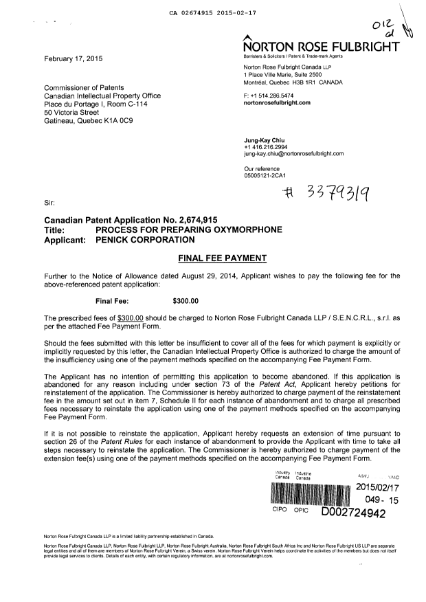 Canadian Patent Document 2674915. Correspondence 20141217. Image 1 of 2