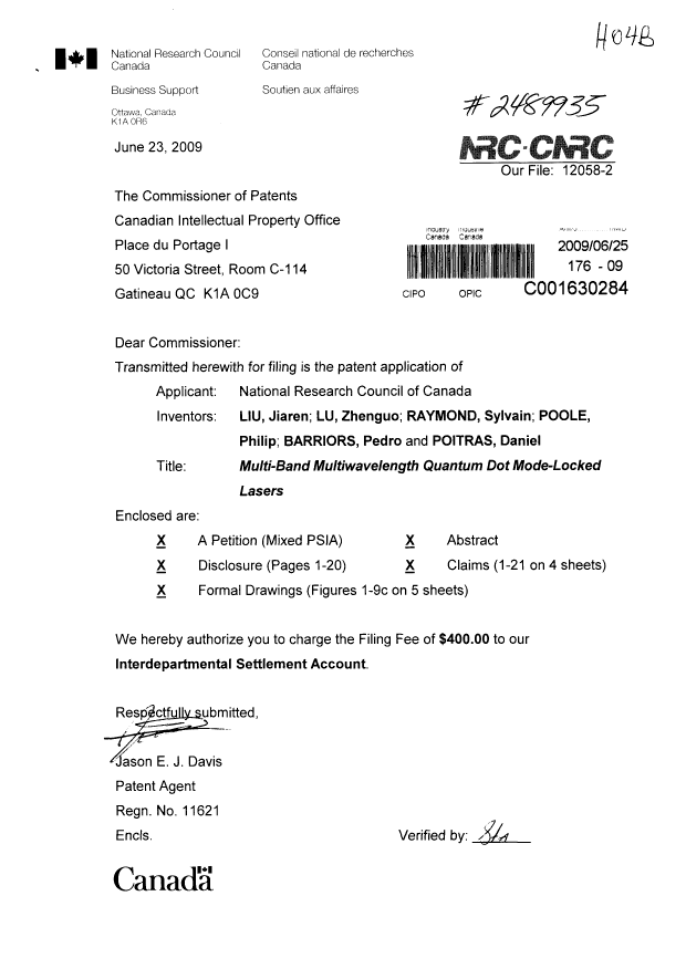 Document de brevet canadien 2674959. Cession 20090625. Image 1 de 5