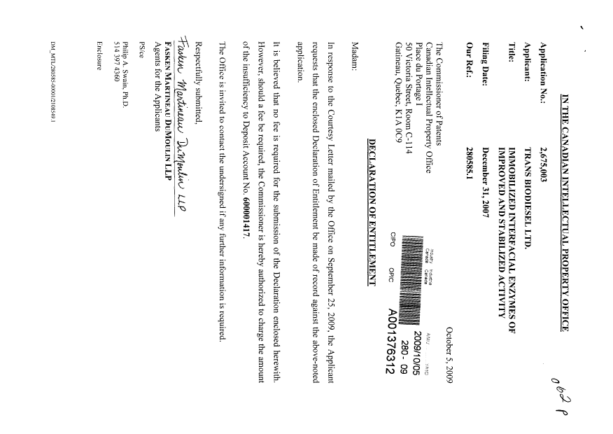 Canadian Patent Document 2675003. Correspondence 20081205. Image 1 of 2