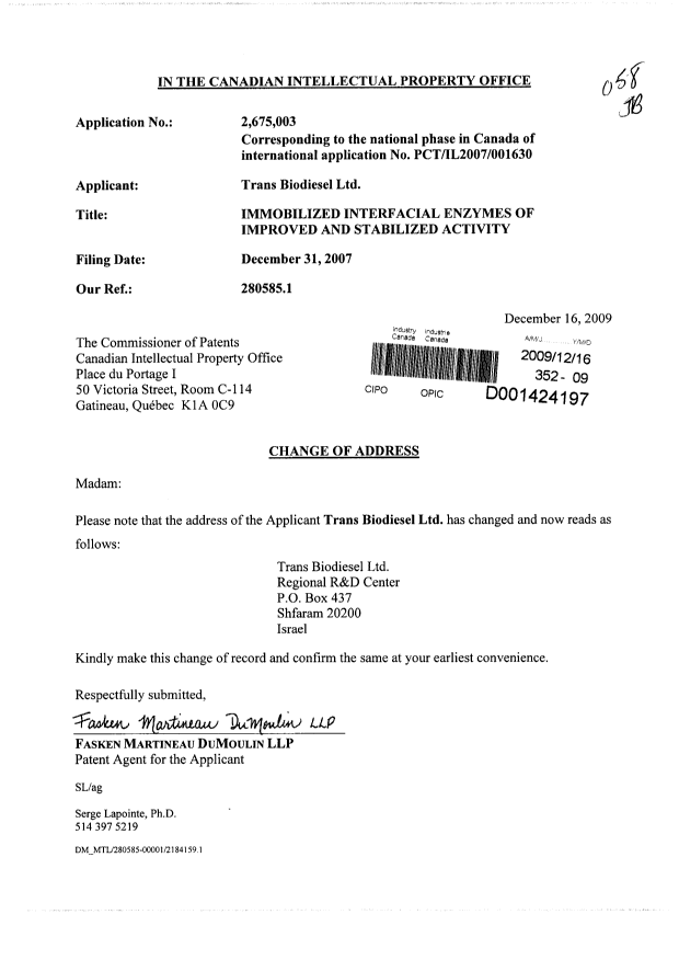 Document de brevet canadien 2675003. Correspondance 20081216. Image 1 de 1