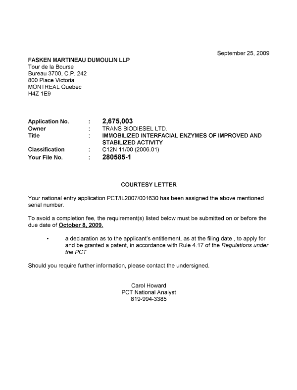 Canadian Patent Document 2675003. Correspondence 20081225. Image 1 of 1