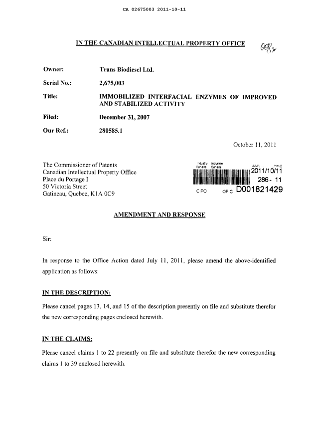 Canadian Patent Document 2675003. Prosecution-Amendment 20101211. Image 1 of 22