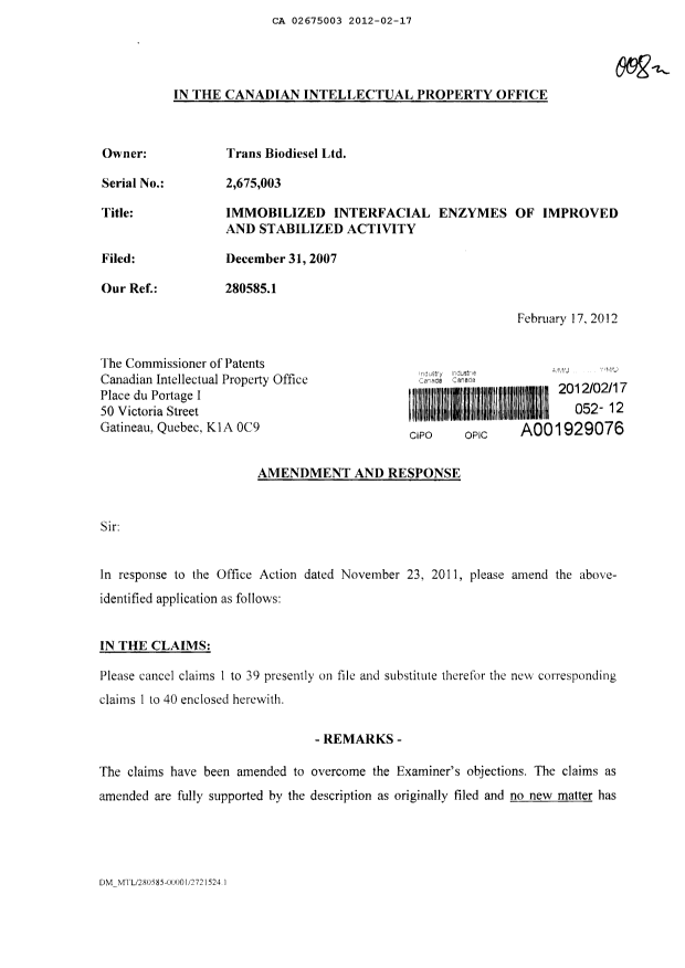 Canadian Patent Document 2675003. Prosecution-Amendment 20111217. Image 1 of 13