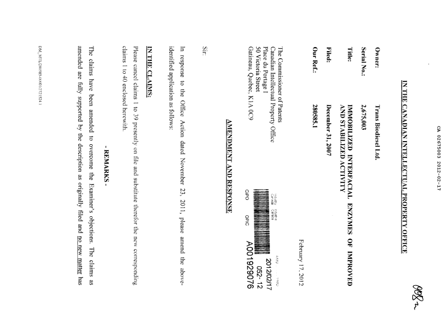 Document de brevet canadien 2675003. Poursuite-Amendment 20111217. Image 1 de 13
