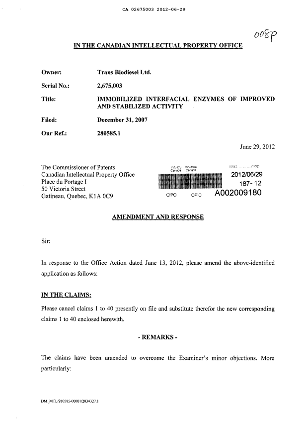 Document de brevet canadien 2675003. Poursuite-Amendment 20111229. Image 1 de 7