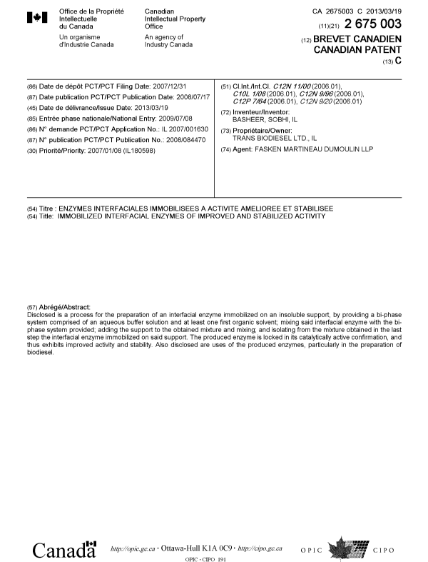 Document de brevet canadien 2675003. Page couverture 20121220. Image 1 de 1