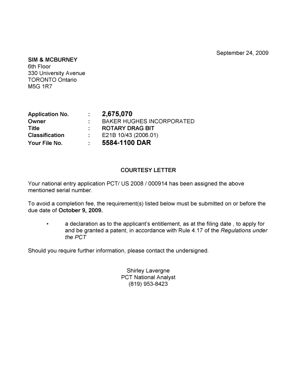 Document de brevet canadien 2675070. Correspondance 20090924. Image 1 de 1