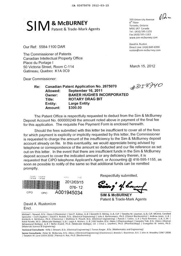 Document de brevet canadien 2675070. Correspondance 20120315. Image 1 de 1