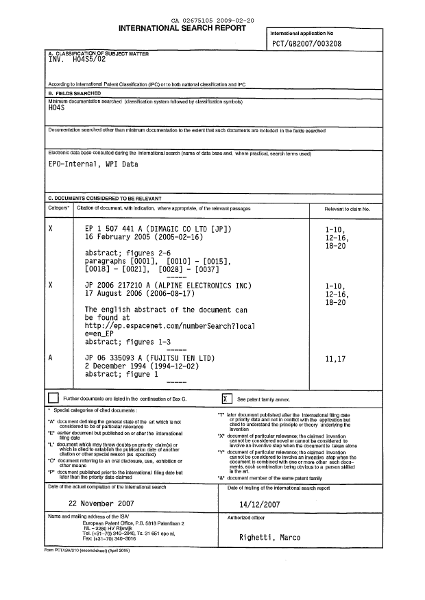 Canadian Patent Document 2675105. PCT 20081220. Image 1 of 2