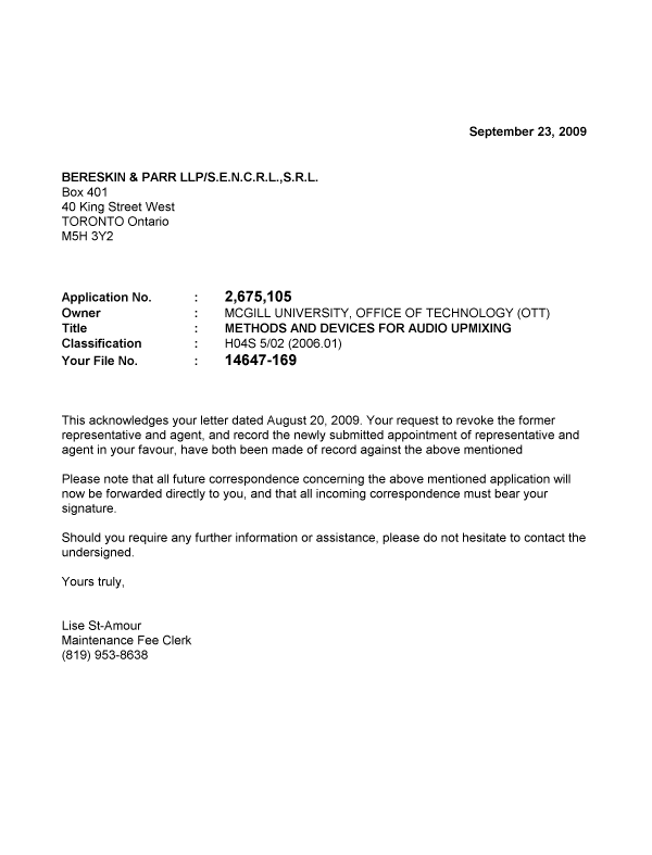 Canadian Patent Document 2675105. Correspondence 20081223. Image 1 of 1