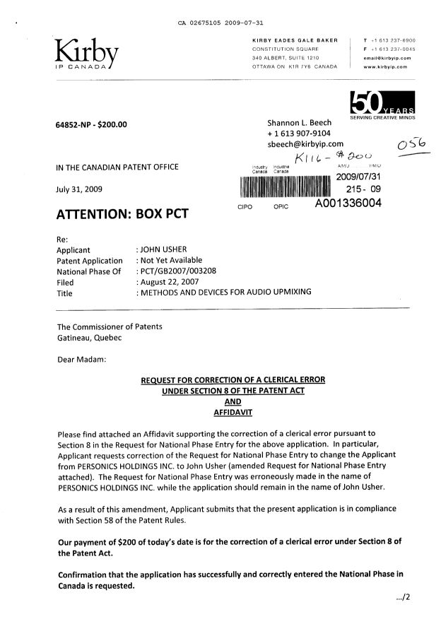 Document de brevet canadien 2675105. Correspondance 20090731. Image 1 de 4
