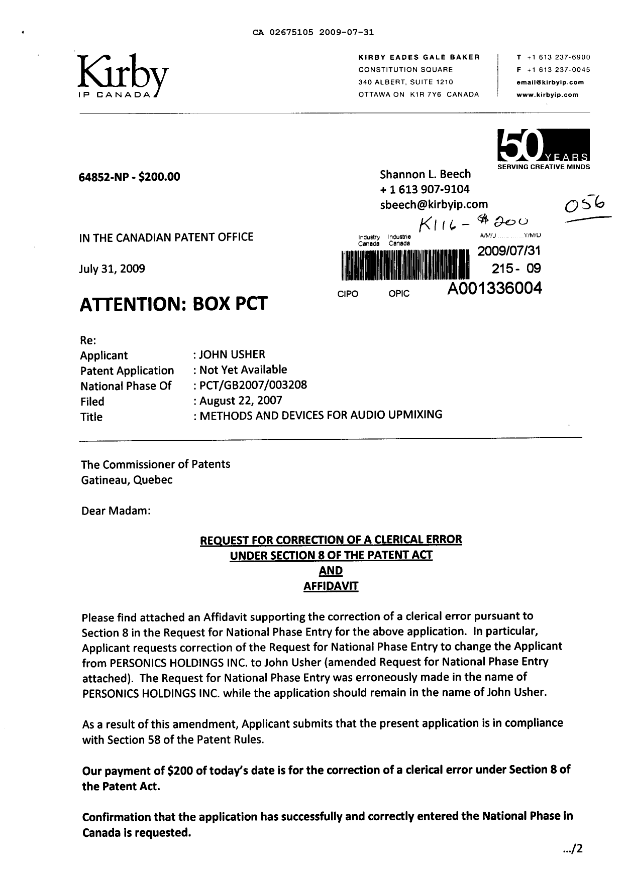 Document de brevet canadien 2675105. Correspondance 20090731. Image 1 de 4