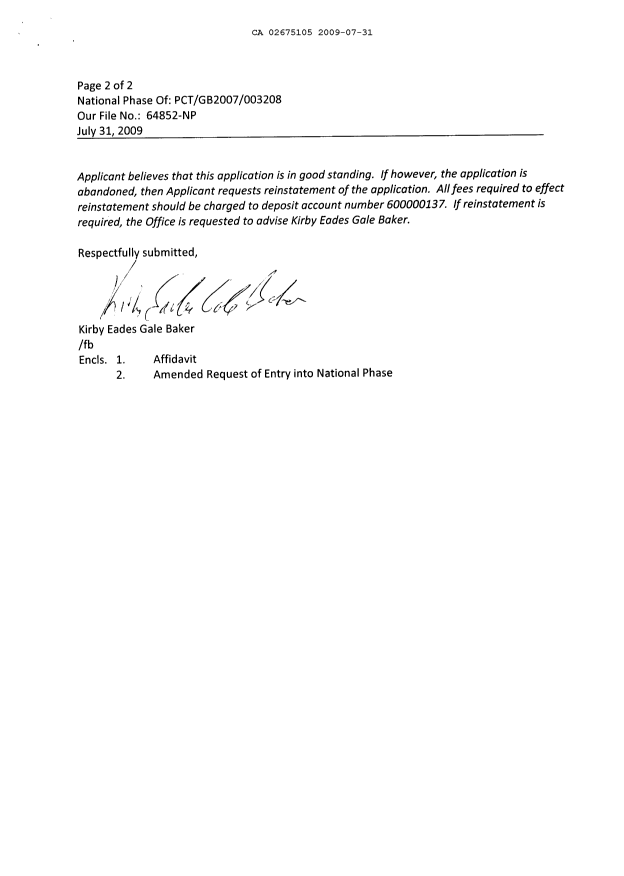 Document de brevet canadien 2675105. Correspondance 20090731. Image 2 de 4