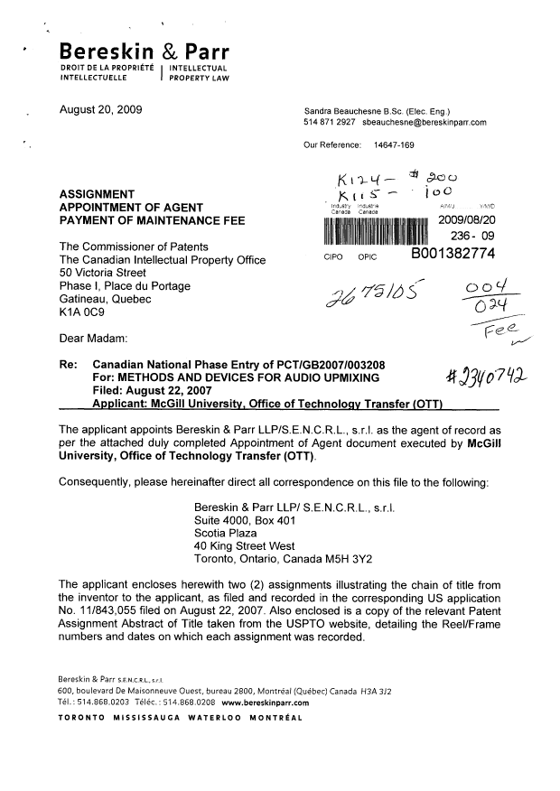 Canadian Patent Document 2675105. Correspondence 20090820. Image 1 of 3