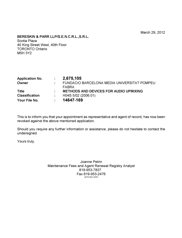 Canadian Patent Document 2675105. Correspondence 20111229. Image 1 of 1
