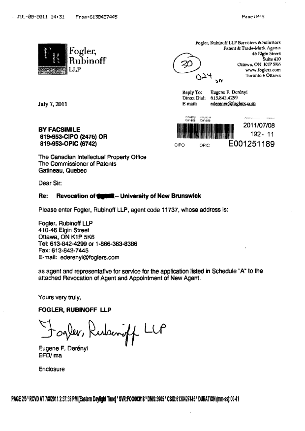 Canadian Patent Document 2675225. Correspondence 20110708. Image 1 of 5