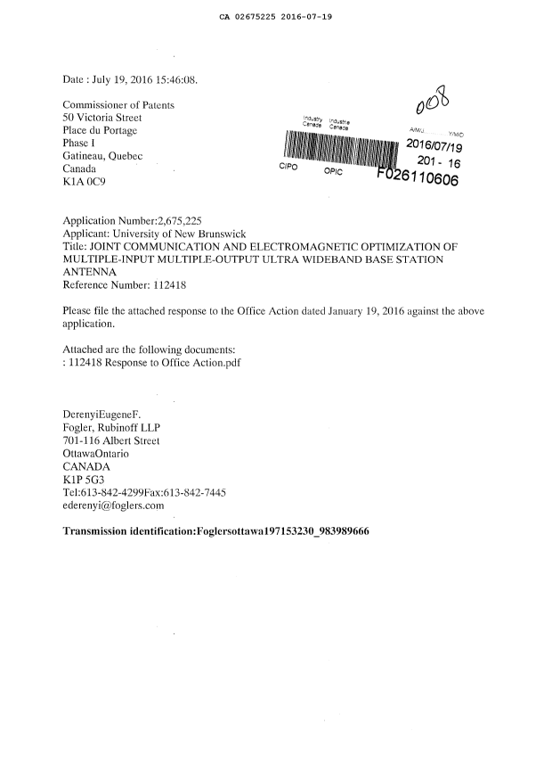 Document de brevet canadien 2675225. Modification 20160719. Image 1 de 8