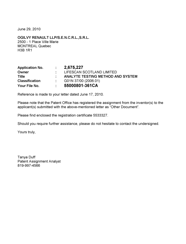 Document de brevet canadien 2675227. Correspondance 20100629. Image 1 de 1
