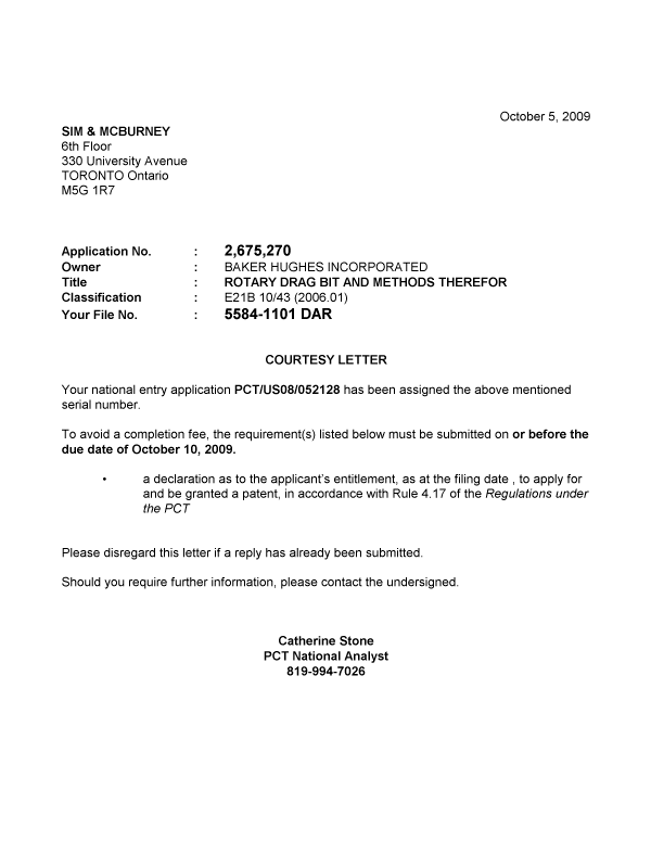 Canadian Patent Document 2675270. Correspondence 20091005. Image 1 of 1