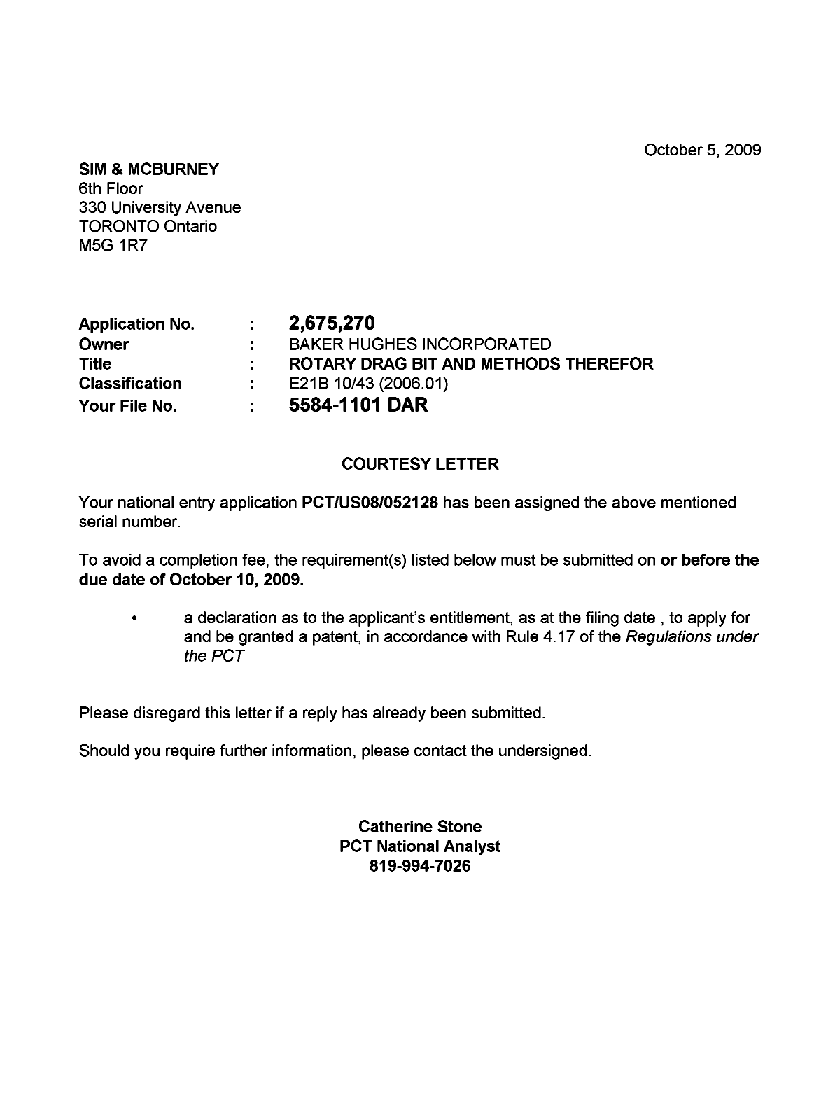 Canadian Patent Document 2675270. Correspondence 20091005. Image 1 of 1