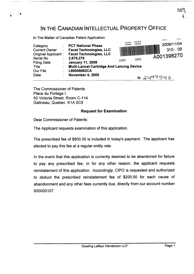 Canadian Patent Document 2675275. Prosecution-Amendment 20081204. Image 1 of 2